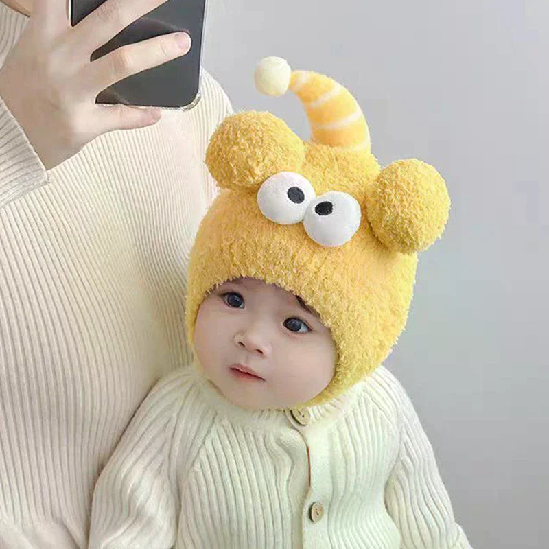 

Новая милая пуловерная шапка с большими глазами, теплая холодостойкая шапка для защиты ушей, плюшевая вязаная уличная шапка для младенцев
