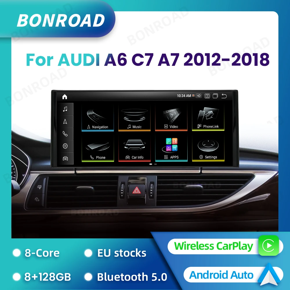 Bonroad 12,3 ''1920*720 Radio de coche Multimedia inalámbrico CarPlay Android Auto pantalla táctil para Audi A6 C7 A7 2012-2018 con reproductor 4G WIFI navegación GPS Bluetooth 5,0 unidad principal