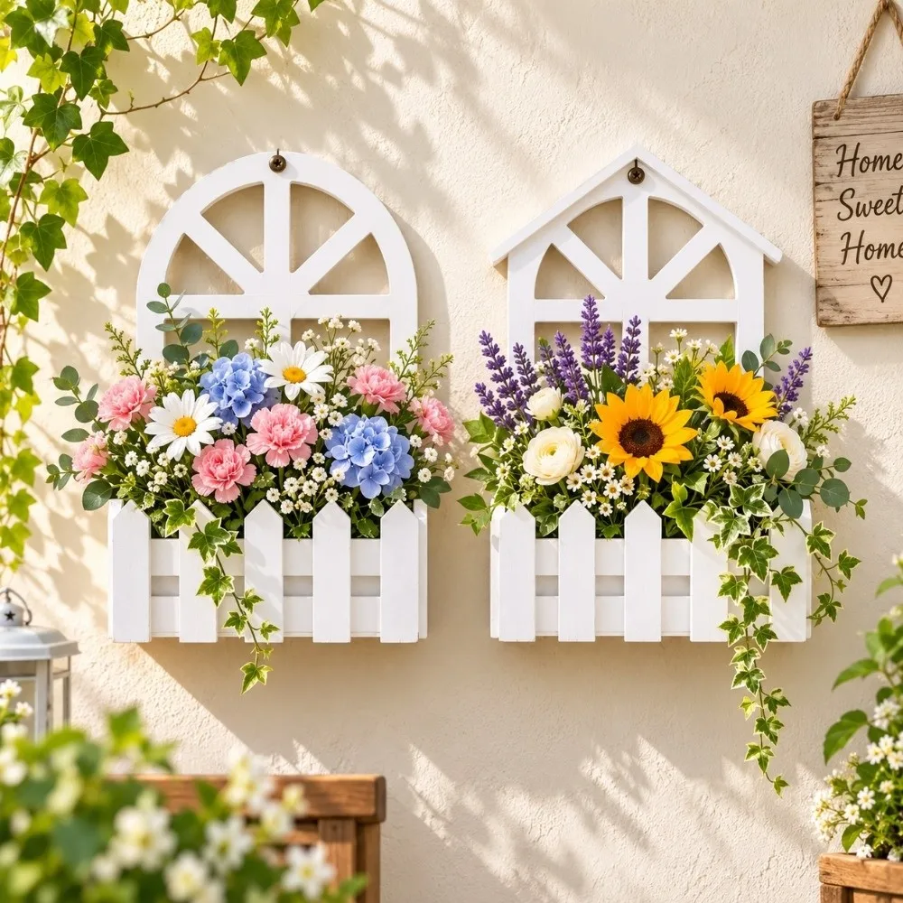 White Garden Fence Flower Pot Picket Fence Design Hanging Wooden House Shape Planter Handmade Wall Hanging Planter Wall Decor