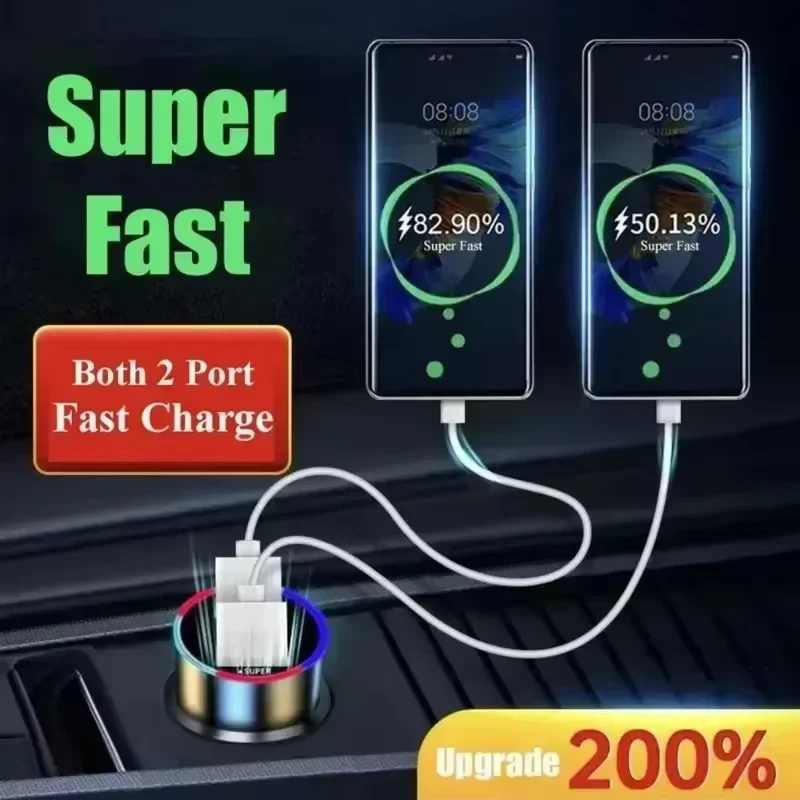 Carregador de carro de carregamento rápido, adaptador USB de 2 portas de 240 W com tela digital e luz ambiente, carregador de sistema de ignição e partida
