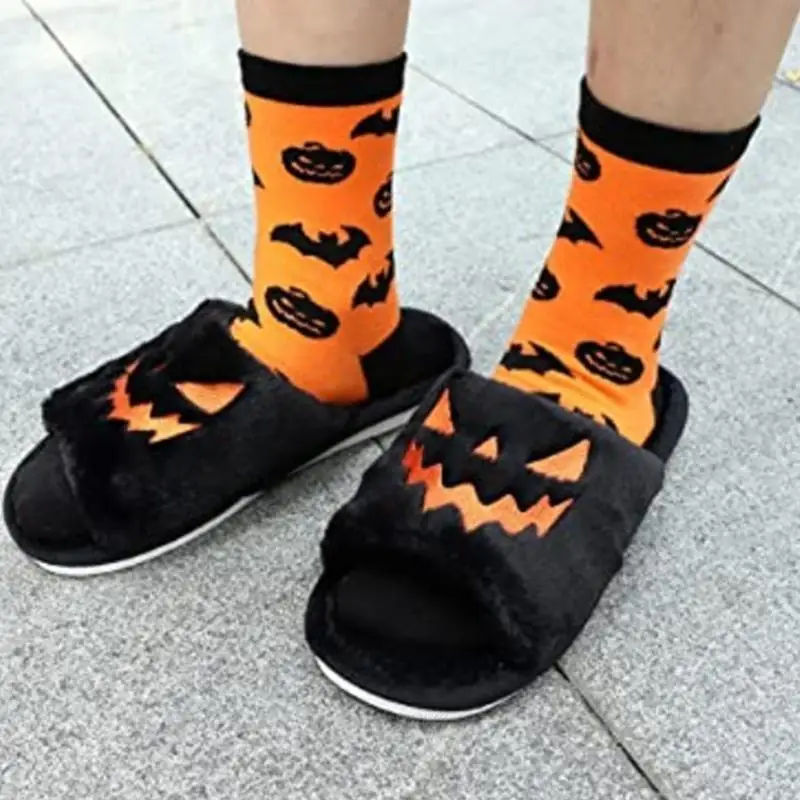 

X5XA Slippers Female Halloween Pumpkin Lamp Slippers Soft Plush Comfortable Open-toed Outer Wear Plush Slippers
