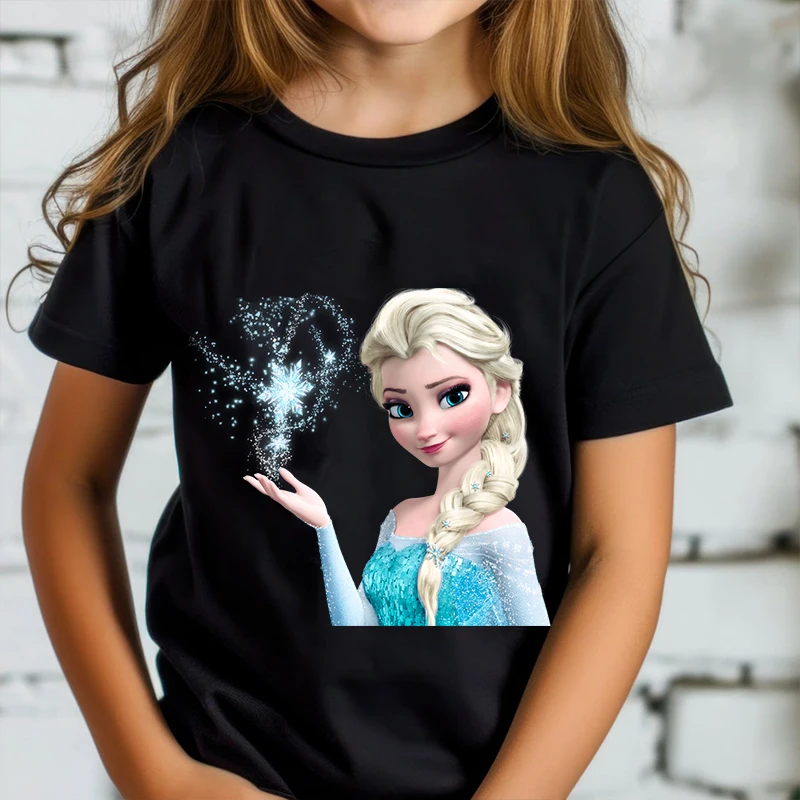 

Frozen printed kids T-shirt Summer children's cotton short-sleeved black casual tops suitable for boys and girls