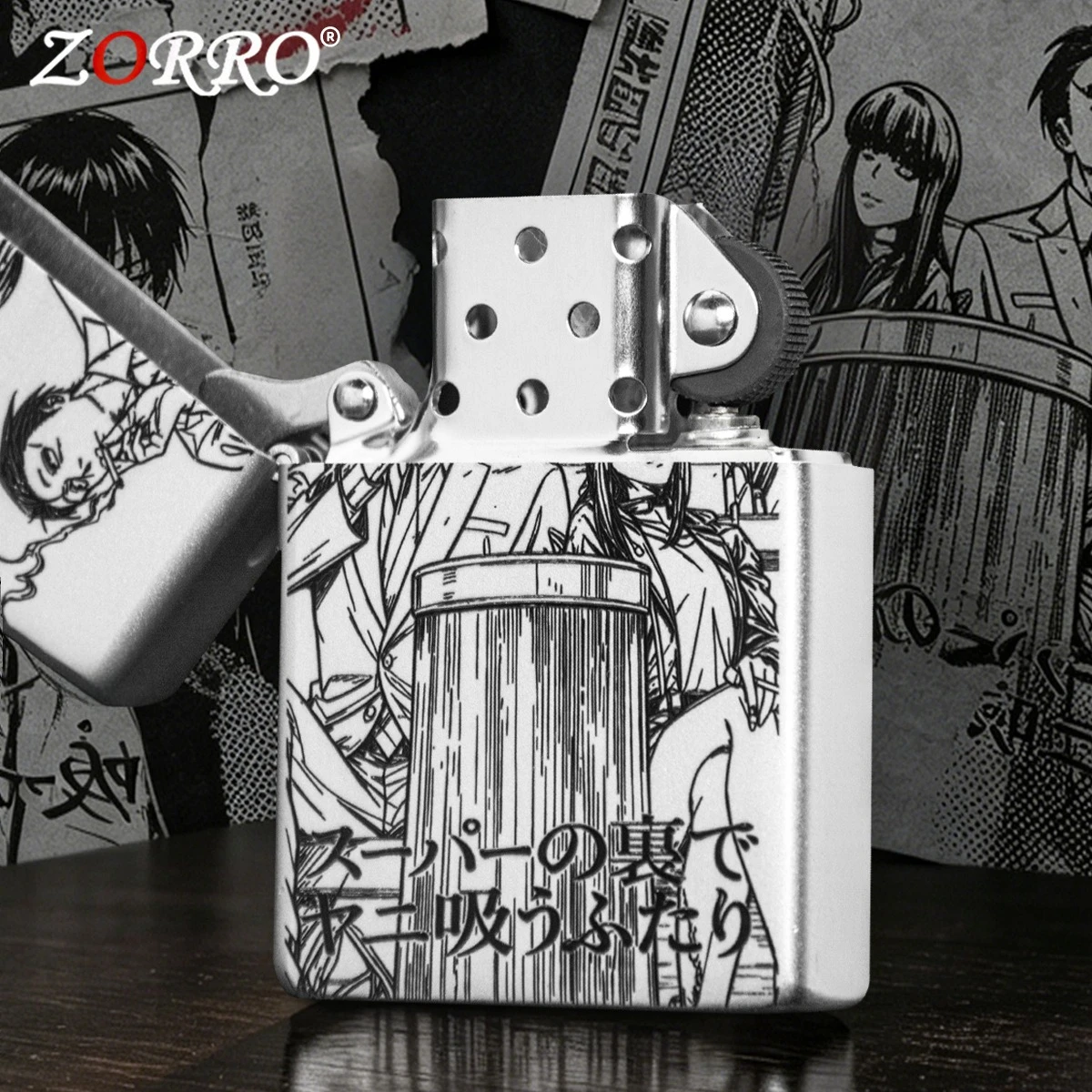 New Genuine ZORRO Sand Chrome Kerosine Windproof Lighter Grinding Wheel Carved Retro Flip Creative Gift