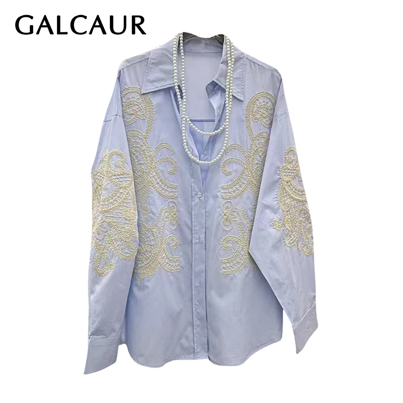 

GALCAUR Solid Spliced Embroidery Casual Shirts for Women Lapel Long Sleeves Patchwork Single Breasted Shirt Female Fashion Style