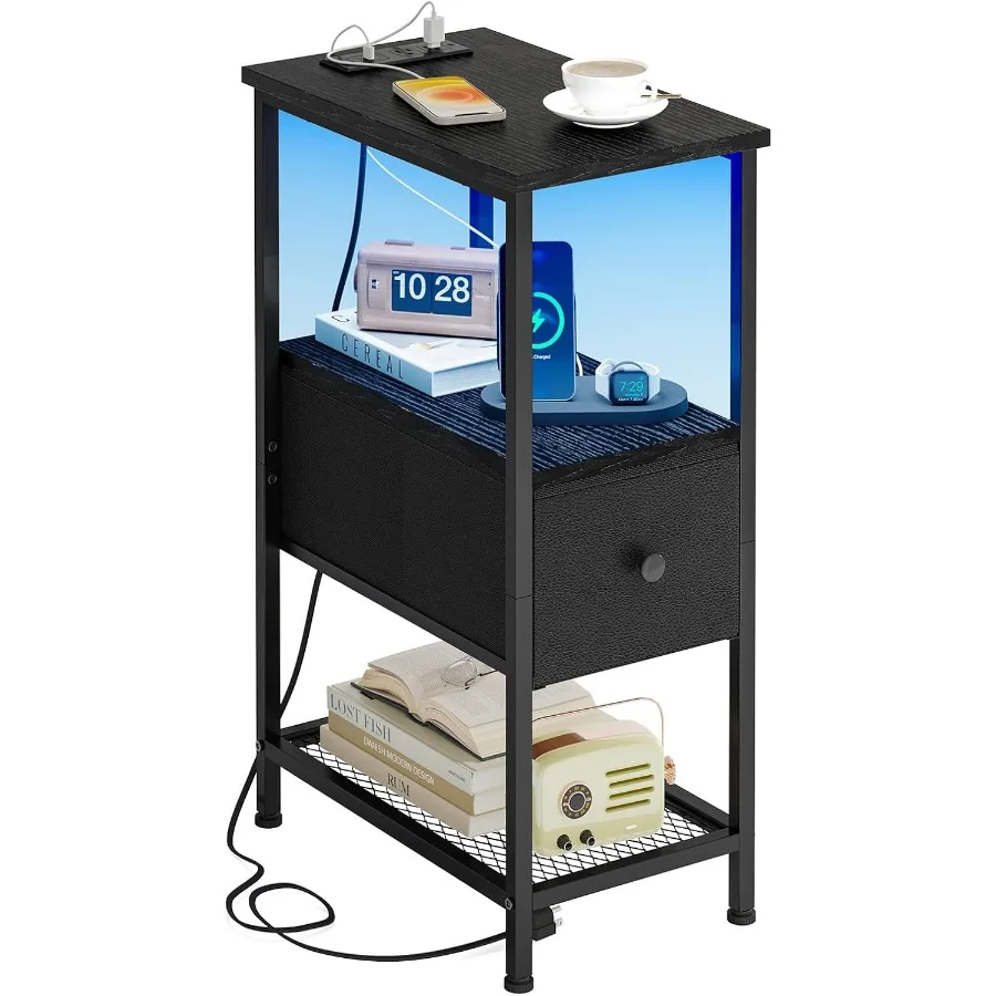 

Narrow Side Table with Charging Station and LED Light Skinny Nightstand with 1 Fabric Drawer Slim End Table for Bedroom Dorm Sm