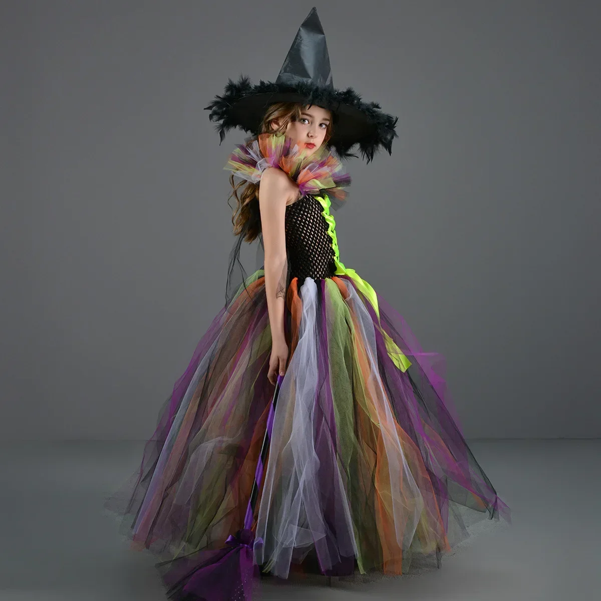 فستان ساحرة أرجواني خيالي مع قبعة مكنسة ساحرة للهالوين فستان فاخر توتو رداء زي ملابس تنكرية للفتيات القوطية
