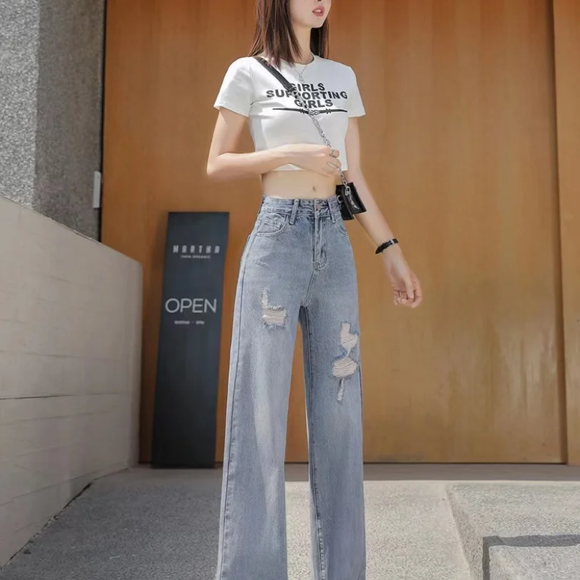 2023 Summer New Fashionable Loose Fit Wide Leg Light Distressed Jeans with Dropping High Waist and Slim Floor Slam Pants