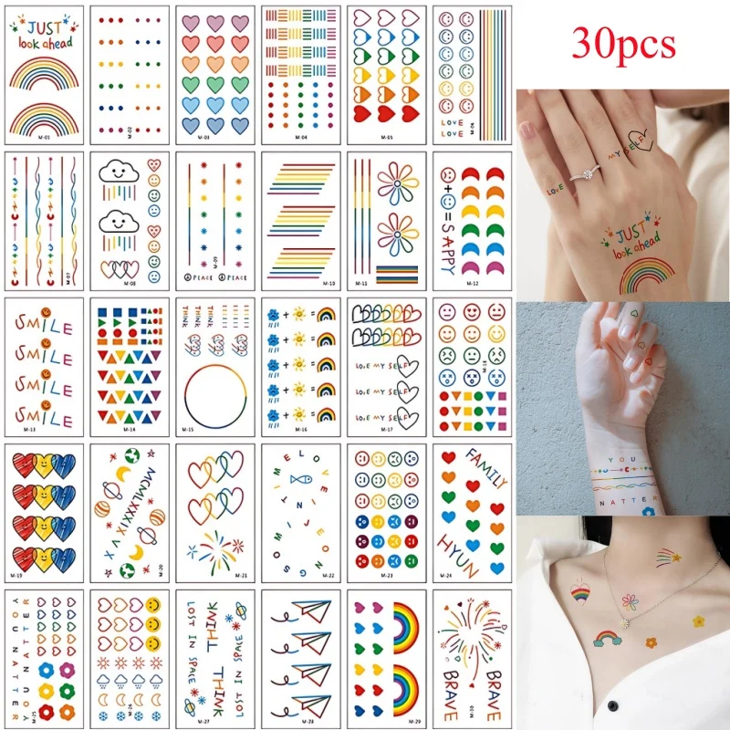 30pcs/pack Tiny Colored Temporary Tattoos for Children Straight Line Cloud Rainbows English Words Rainbow Heart Sample Tattoos