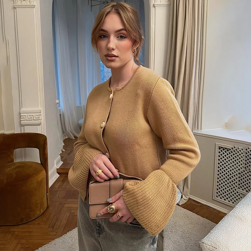 2025년 가을 신상 토르노바 니트 가디건 여성 O넥 플레어 롱 슬리브 스웨터 여성용 싱글 브레스티드 루즈핏 니트 코트