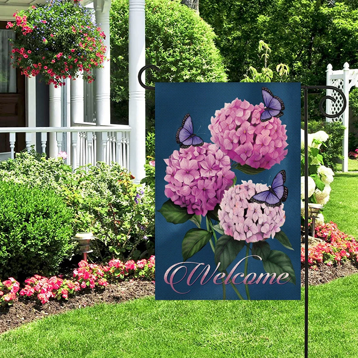 1PC  Hydrangea butterfly Pattern Linen Cotton Garden Flag Banner Indoor Outdoor Home Garden Hanging Decor