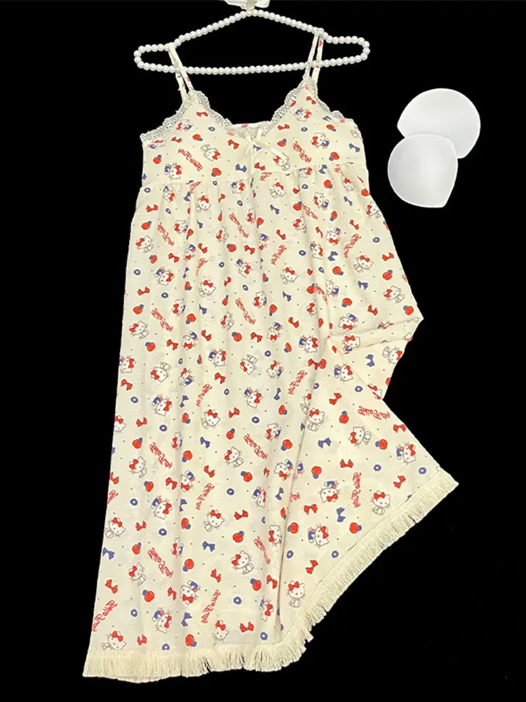 

2024 Summer New Hello Kitty Sanrio Spaghetti Strap Sexy Loose Bohemia Beach Vacation Long Dresses Women High Waist Casual Dress