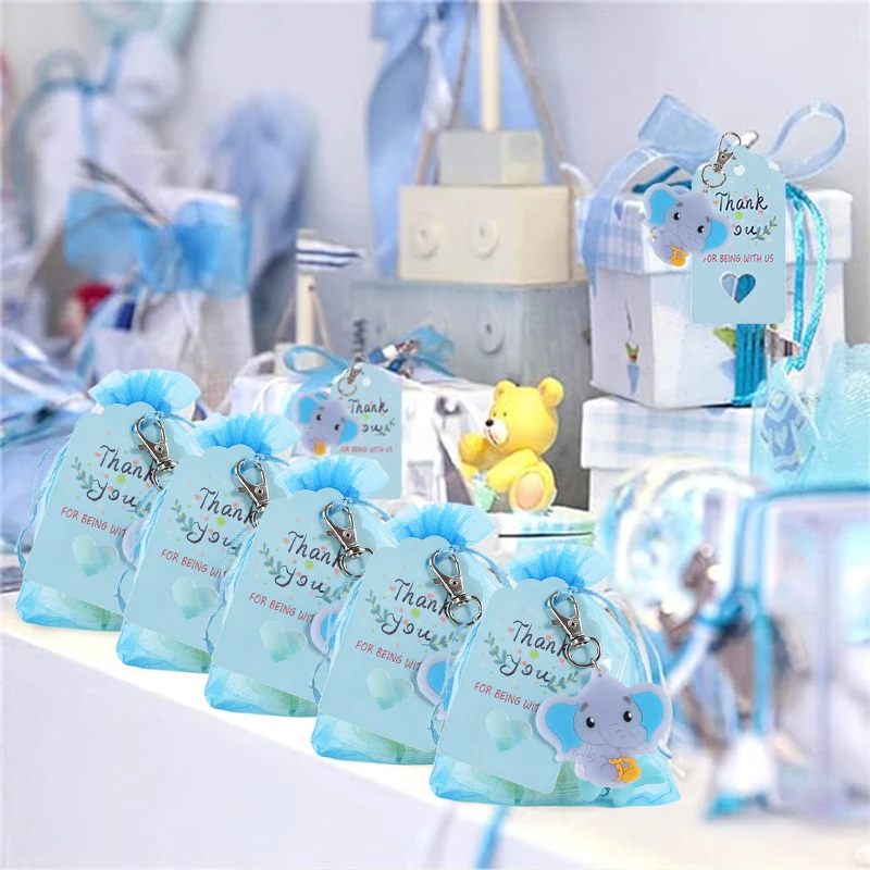 10-30pcs Elephant Keychain Organza Bags Baby Shower Souvenirs Gifts with Thank You Tags Kids Birthday Party Favors for Guests