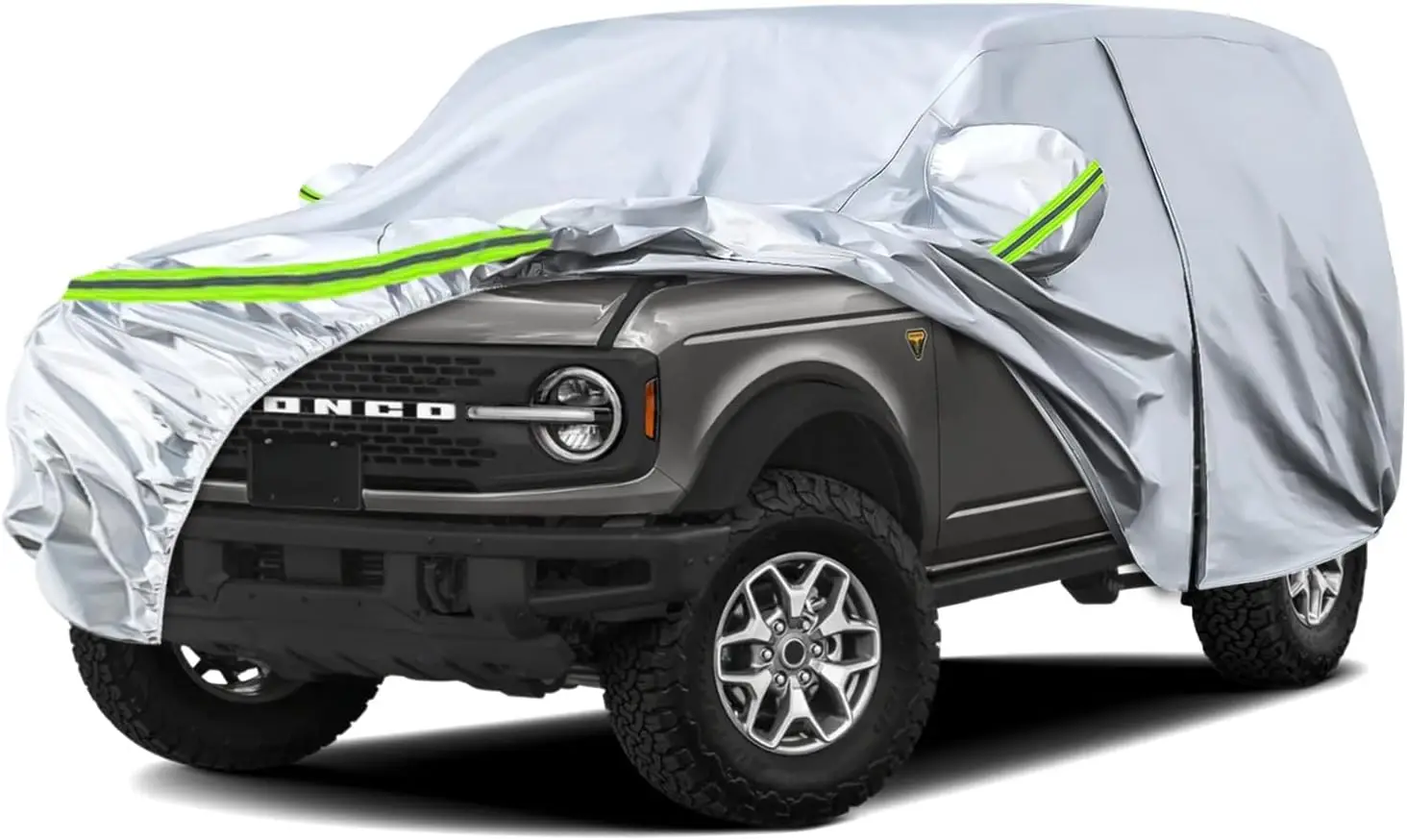 

Waterproof All-Weather Car Cover for Ford Bronco 4 Door, 6-Layer Silver with Zipper & Windproof Bands for Protection