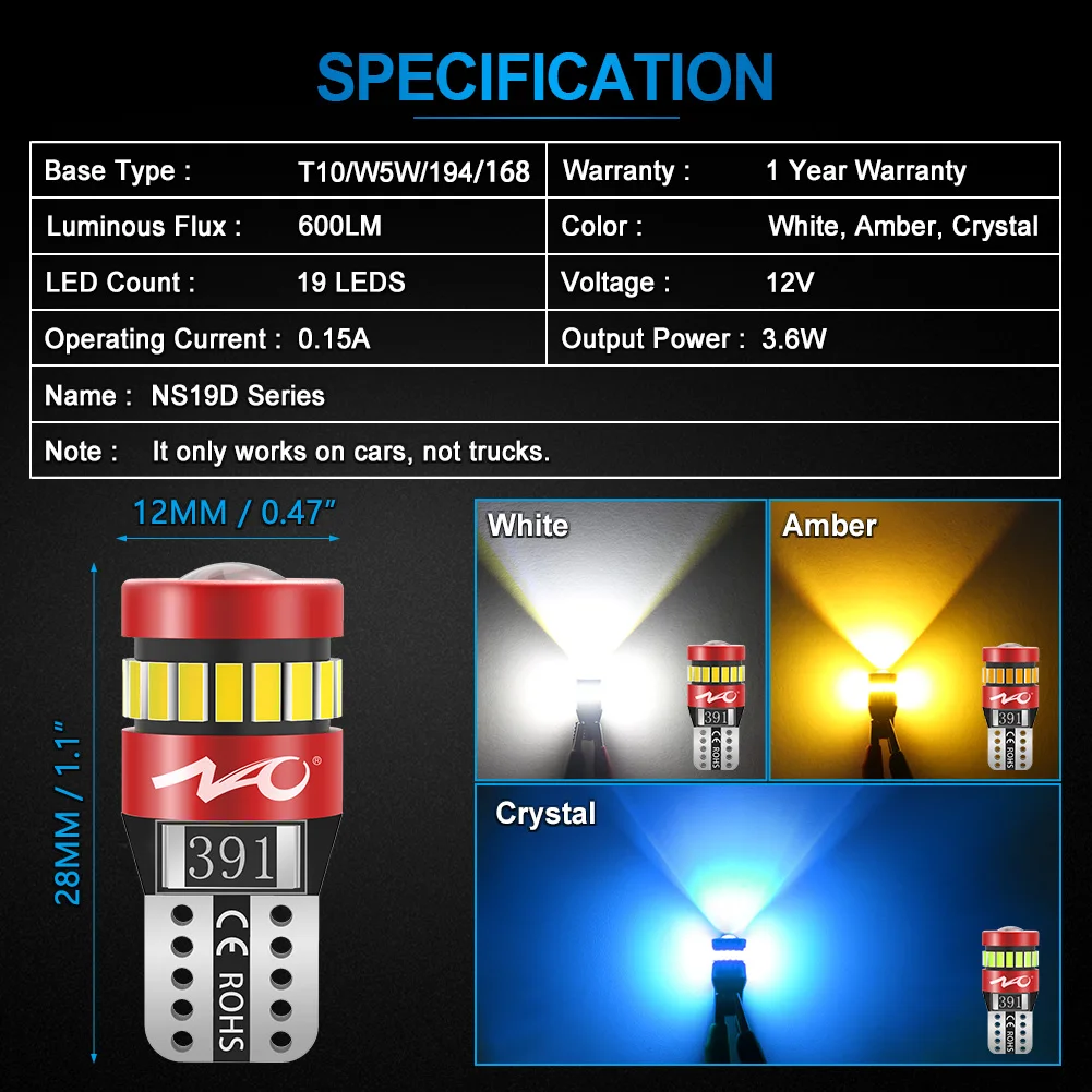 NAO W5W T10 LED Ultra Bright Car Accessories 5W5 3030 3014 SMD 12V 194 Auto Dome License Plate Side Light White Orange Crystal