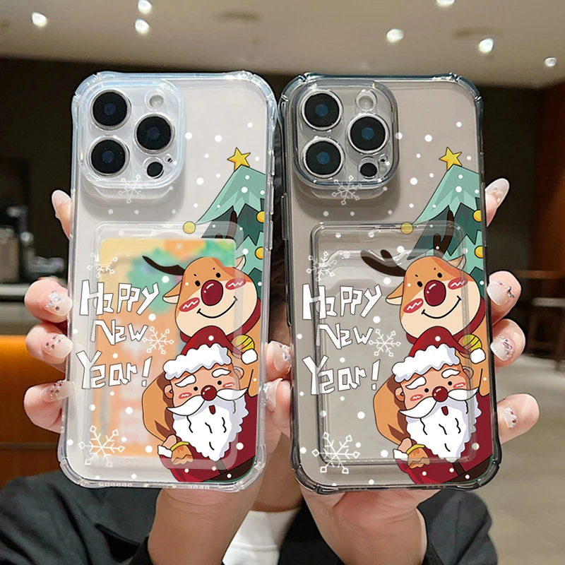 Christmas Case For iPhone 16 Pro Max Luxury Card Slot Santa Claus Elk Deer Clear Soft Cover For iPhone 11 12 13 14 15 Pro Max