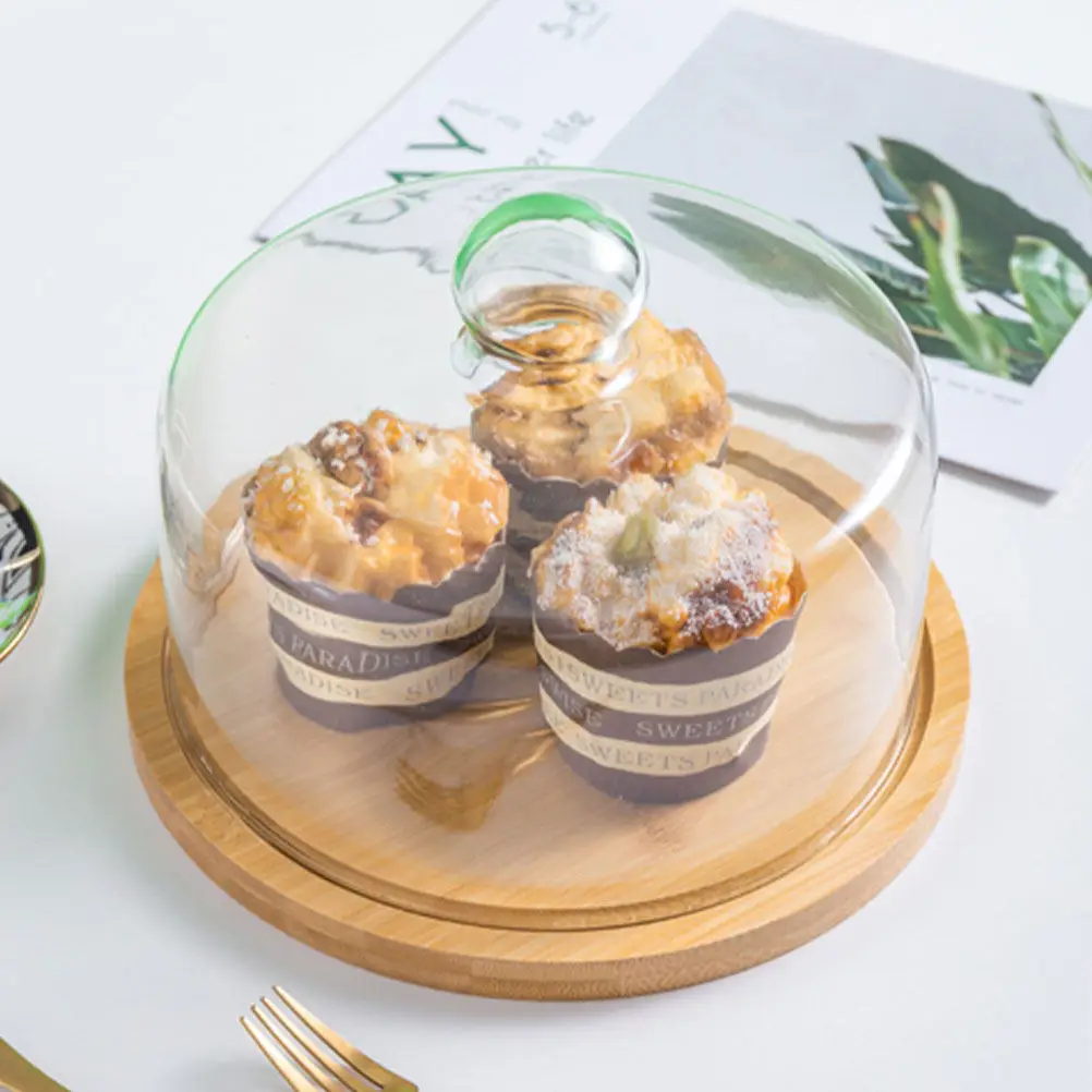 

1 Set Dessert Display Tray Transparent Glass Cake Cover with Wooden Plate Food Dust Protector for Home Party Restaurant Bakery