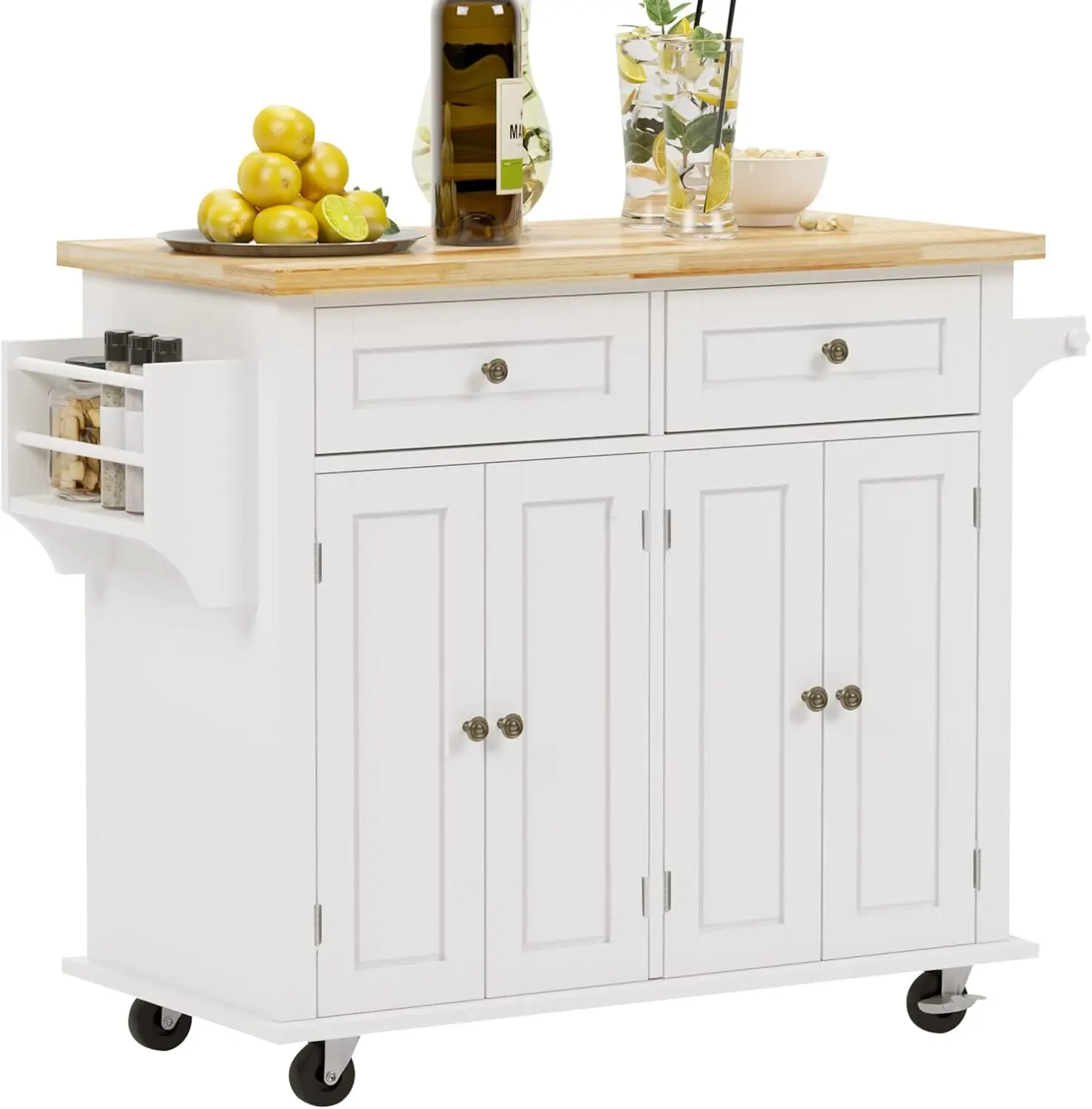 es Rolling Kitchen Island Cart With Storage, Wood Trolley Cart With Spice And Towel Rack, Mobile Kitchen Storage Cabinet