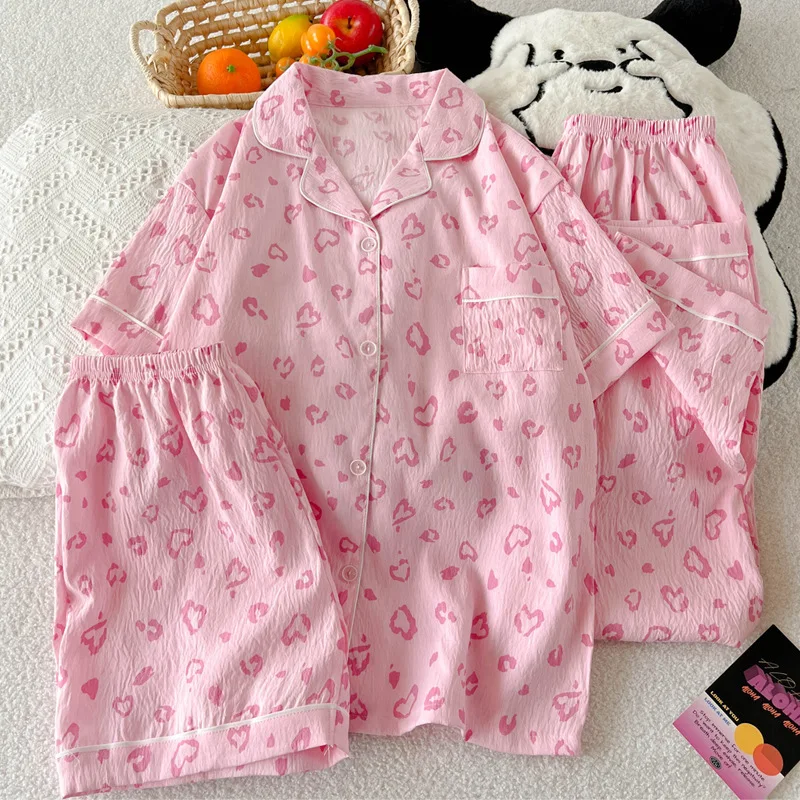 Sweet Instagram-Style Leopard Print High-Fashion Women's Summer Short-Sleeved Korean-Style Cloud Cotton Pyjamas Three-Piece Set