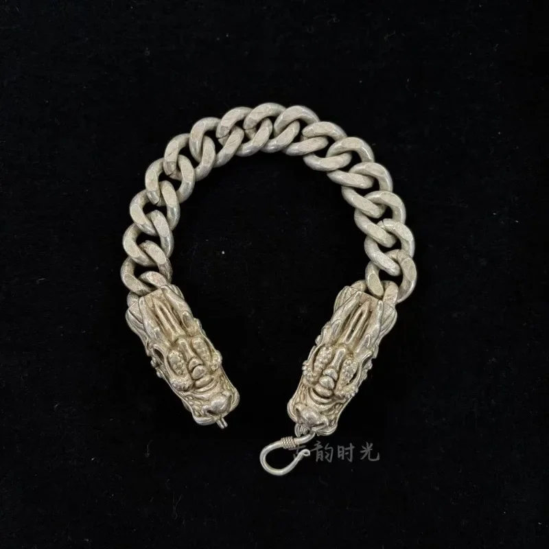 Tibetan Silver Double Dragon Inlaid Jewelry Bracelet Retro Ethnic Style Exquisite Men and Women Gift