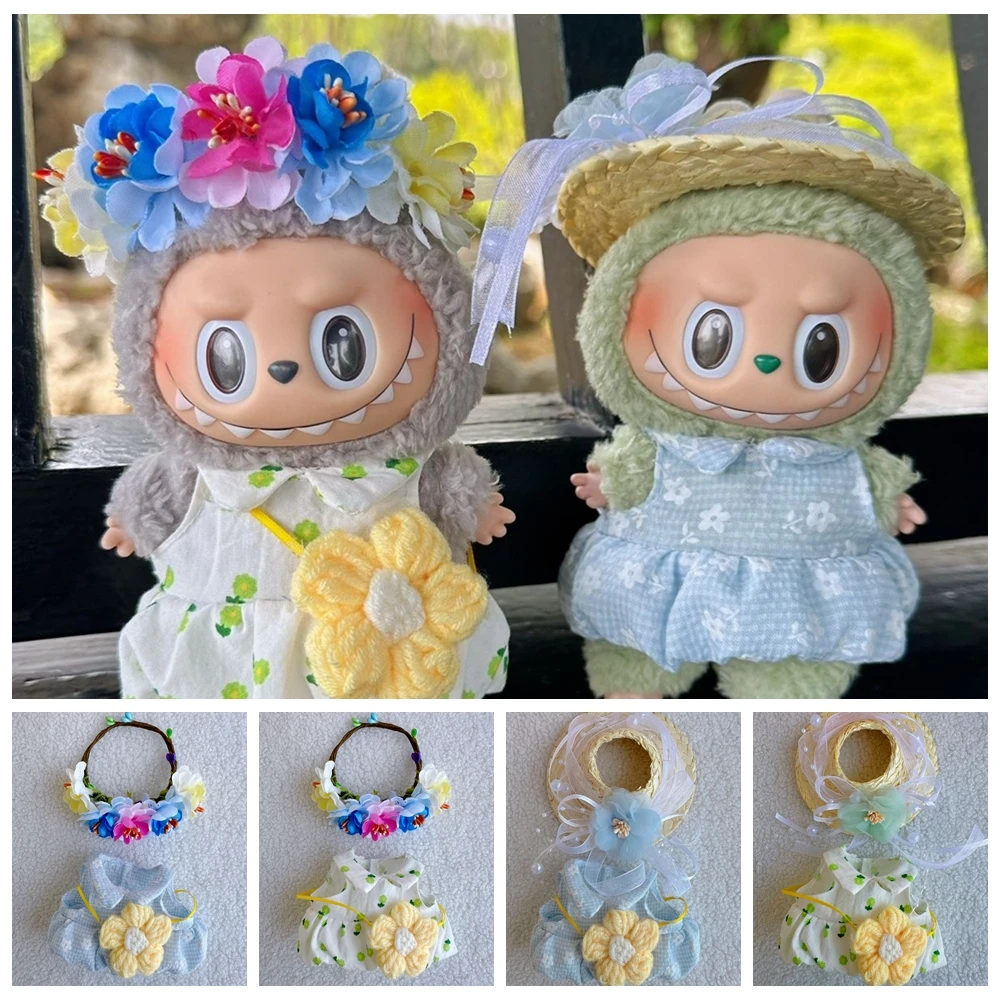 

17cm Labubu MOKOKO Doll Clothes Blue Green Dress Bag Flower Headwear Set Gift Ropa Labubu Dolls Accessories