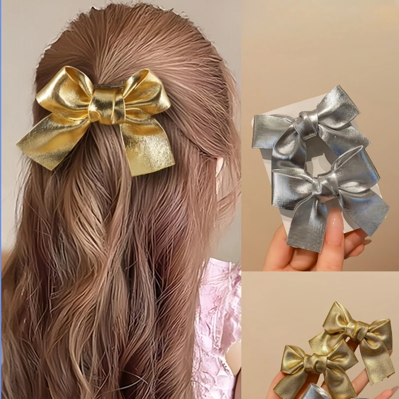 

2pcs Gold Silver Bow Hair Side Clips Fashion Sweet Duckbill Clips Hair Styling Accessories Suitable for Women Girls Daily Wear