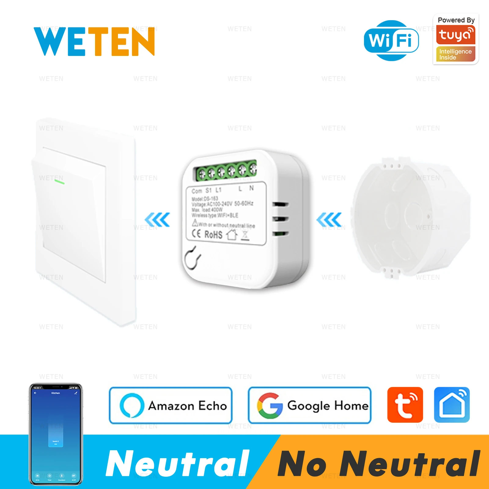 

Tuya Mini Smart Wifi Switch Module DIY Light Switch No Neutral 2 Way Control 220V 110V Smart Life App Support Alexa Google Home