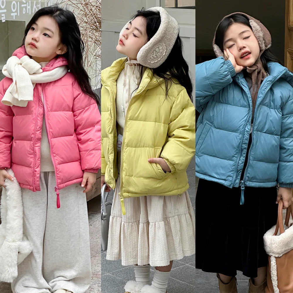 2024 Children Girls Winter Light Down Jacket Solid Warm Hooded Kid Girls Overcoat Korean Style Soft Zipper 3-12Y Girls Outerwear