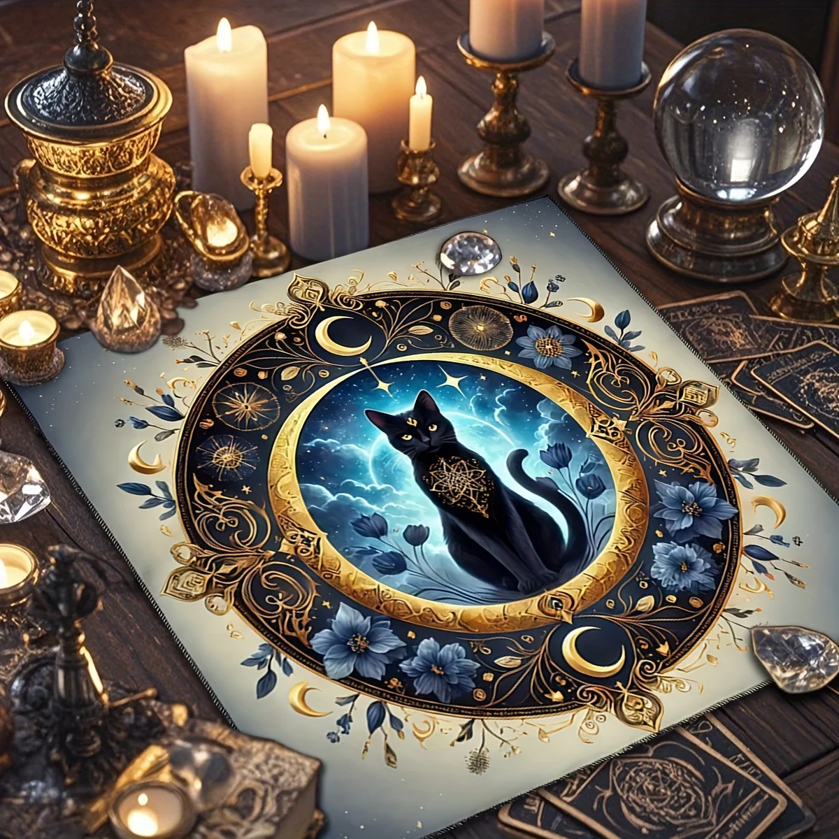 1pc Mysterious Black Cat Tarot Tablecloth, Floral Ritual Altar Decor Mat, Starry‑Sky Oracle Card & Astrology Card Game Mat