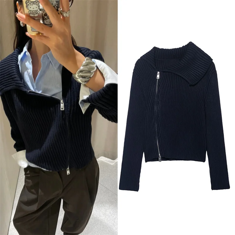 

Женская куртка, осень 2024, Новое поступление, темно-синяя куртка-кардиган с длинными рукавами и молнией в стиле милитари, повседневная мода