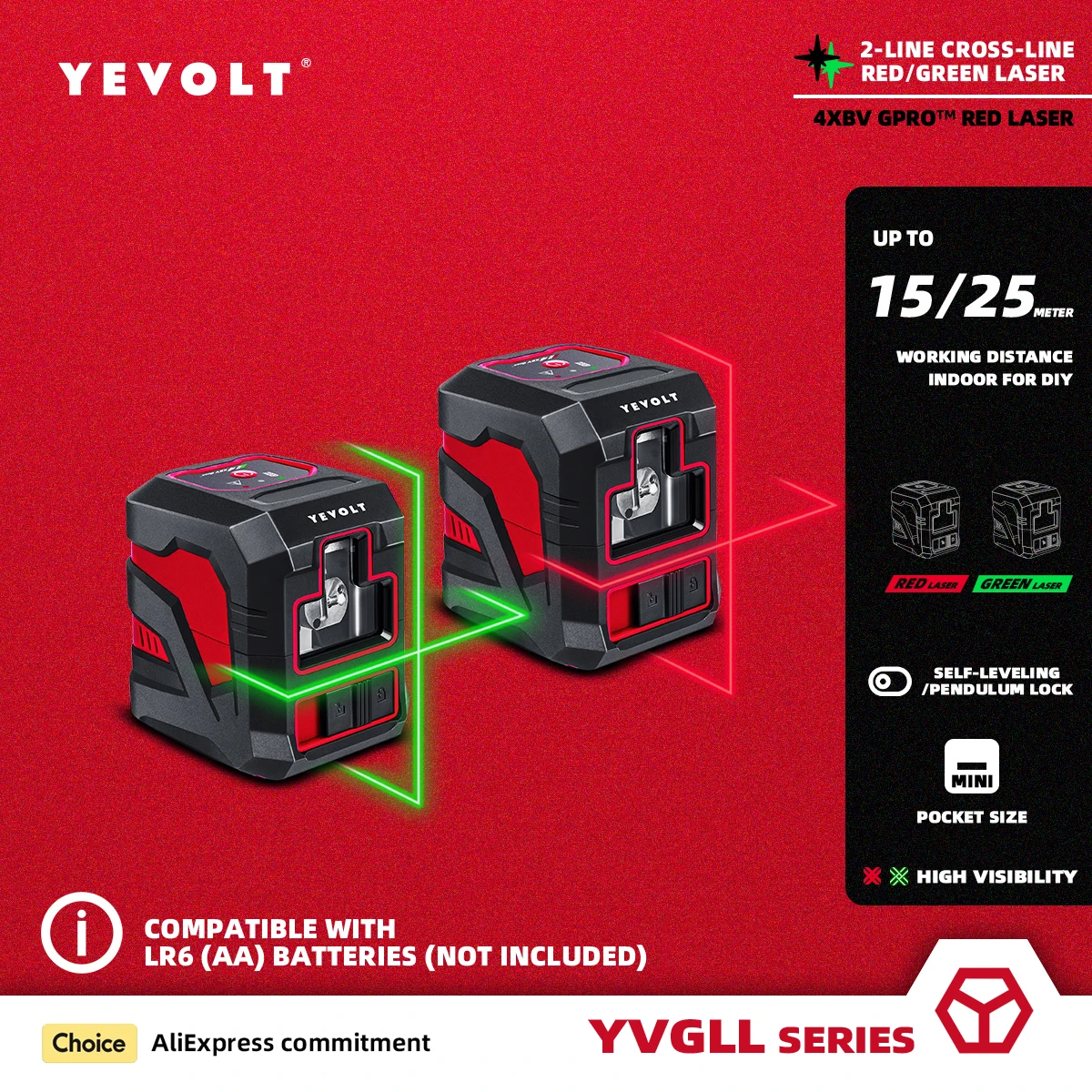 

Серия YEVOLT YVRLL4XS2/YVGLL4XS2, красный/зеленый лазерный уровень, перекрестная линия, 2-линейный, самовыравнивающийся, портативный, легкий, измерение мощности