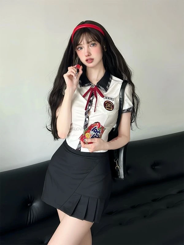 

Japan Korea Suit women's Summer Improved Jk Uniform Short Sleeve Top Pleated Plaid Skirt School Uniform Daily JK Set