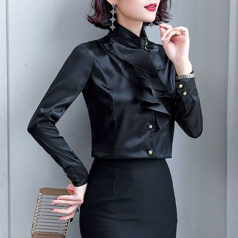 2023 Spring Autumn New Solid Color Stand Collar Long Sleeve Button Shirt Women Fashion Ruffles Casual All-match Office Lady Tops