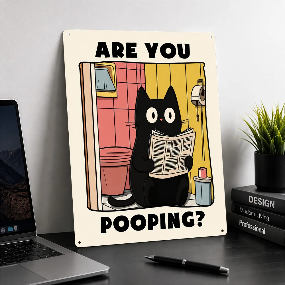 Black Cat Reading Newspaper on Toilet Personalized 3D Textured Metal Poster Wall Art Vintage Tin Signs for Room Ornaments Decor