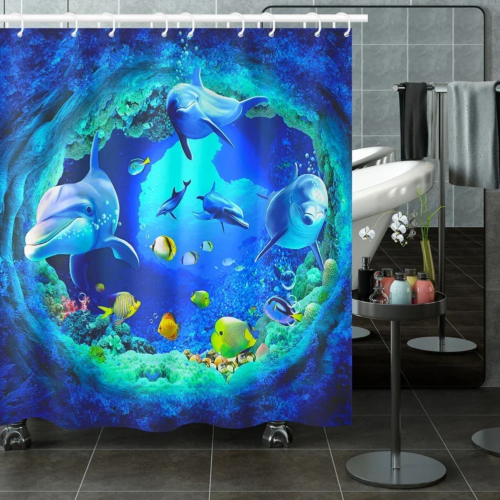 Ocean Underwater World Shower Curtains Set Dolphin Animal Cheerful Marine Life Scenery Polyester Fabric For Kids Bathroom Decor