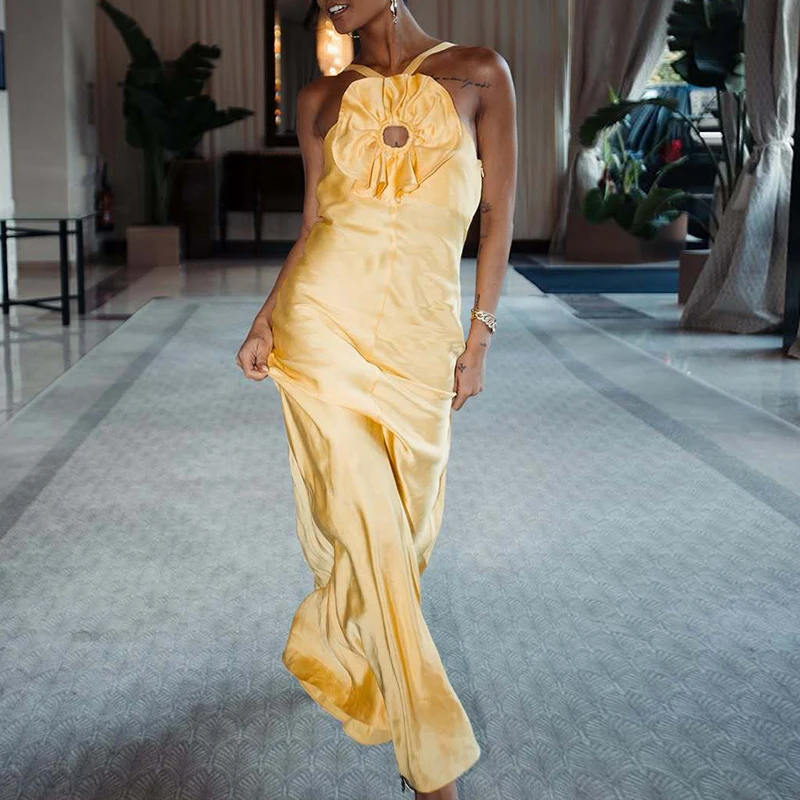 

Summer Off Shoulder Slim Long Dress Satin Sleeveless Hollow Women's Banquet Dress Fashion V Neck Ruffled Flower Suspender Dress