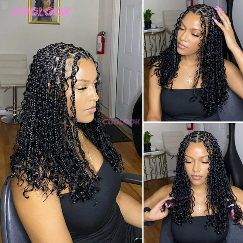 12 "قصيرة بوهو بوب شعر مستعار الاصطناعية شعر مستعار مضفر للنساء صندوق جديلة شعر مستعار دانتيل كامل جديلة ضفائر كورنو الأفريقية الدانتيل الباروكات رخيصة