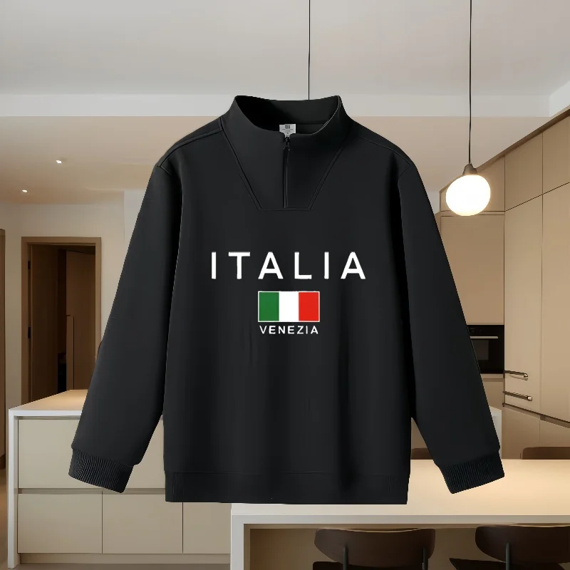 Desang Cotton Comfortable Half-Zip Sweatshirt for Men, High-End Men's High-Neck Long-Sleeve T-Shirt, Casual Loose Base Layer Top, Unisex Couple's Outfit