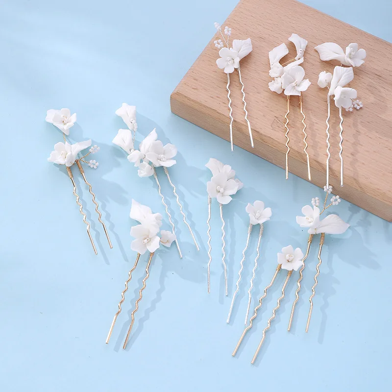 Elegant Bride Headdress White Ceramics Flower Hairclip U Shaped Hair Stick Floral Beads Designs Women Wedding Party Hair Jewelry