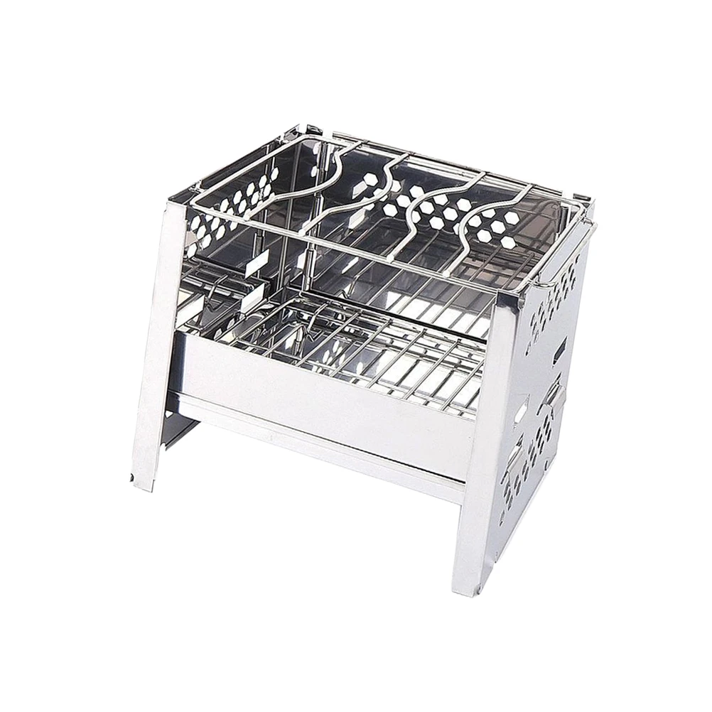 

Camp Folding Grill Camping Cookware Square Wood Burning Stove Oven Silver Portable Barbecue
