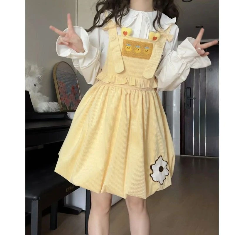 Japanese Gothic Lolita Style Suspender Skirt Women Kawaii Embroidery Corduroy Y2k Party Mini Skirts Female Sweet Bloomers Skirt