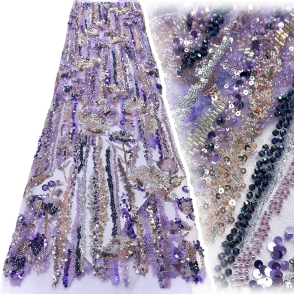 Viola di alta qualità africano fatto a mano in rilievo tessuto di pizzo cucito paillettes ricamo tessuto di pizzo nigreiano abito da sposa da donna A1424