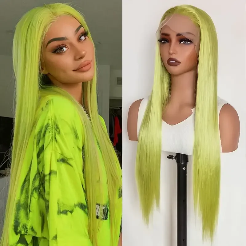 Peluca delantera de encaje recta larga verde, línea de cabello pre-arrancada 13X4, peluca sintética sin pegamento