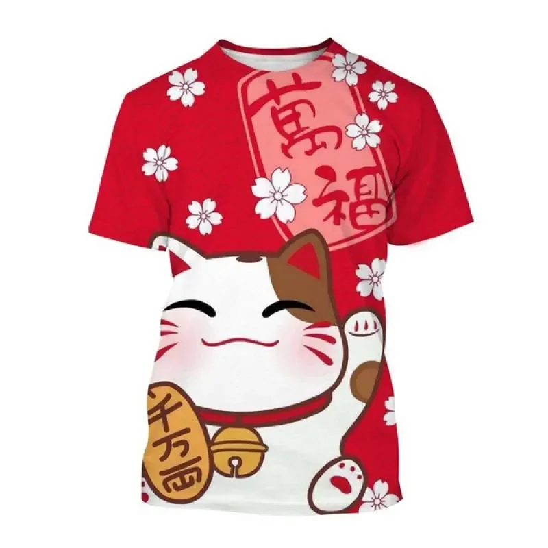

Japanese Anime Style Maneki-neko Graphic T-shirts for Both Men and Women, Hip-hop Harajuku Printed - Short-sleeved Tees
