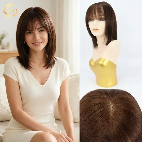 Brown Pixie Cut Straight Remy Human Hair Wigs For Women Silk Base Wig Natural Color PU Front Glueless Wig Ready To Wear Sale