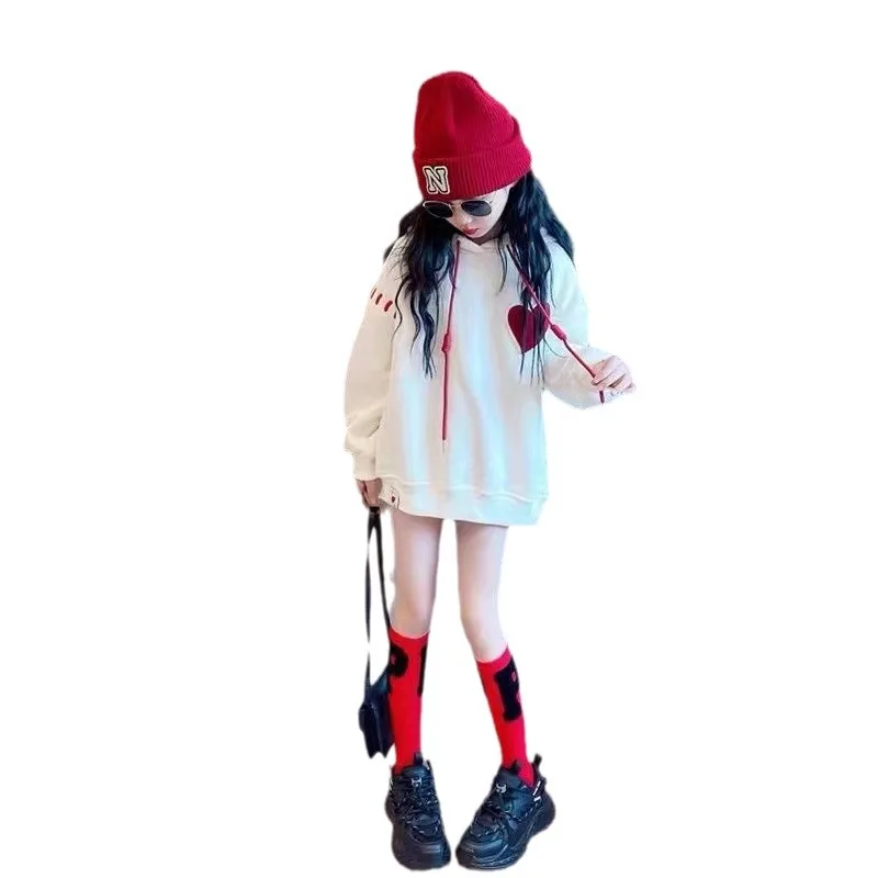 2026 autumn winter heart  Girls clothes Hooded white Sweatshirt Baby t-shirt Dresses teenager Kid Princess 6 7 8 9 10 11 12 year
