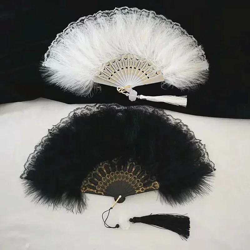 Chinese Style Feather Folding Fan with Pendant Wedding Party Gift Soft Fluffy Hand Held Lace Dance Fan Cosplay Stage Props Decor