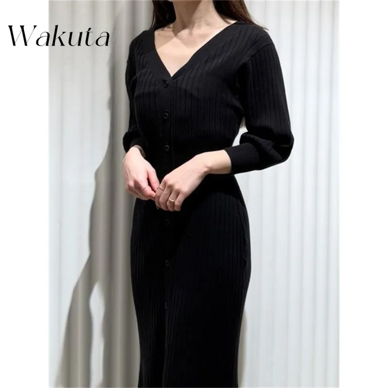 WAKUTA Japanese Style Elegant Slim Fit V-neck Bubble Sleeve Knitted Fishtail Skirt Spring/Autumn Harajuku Retro Y2K Fairy Dress