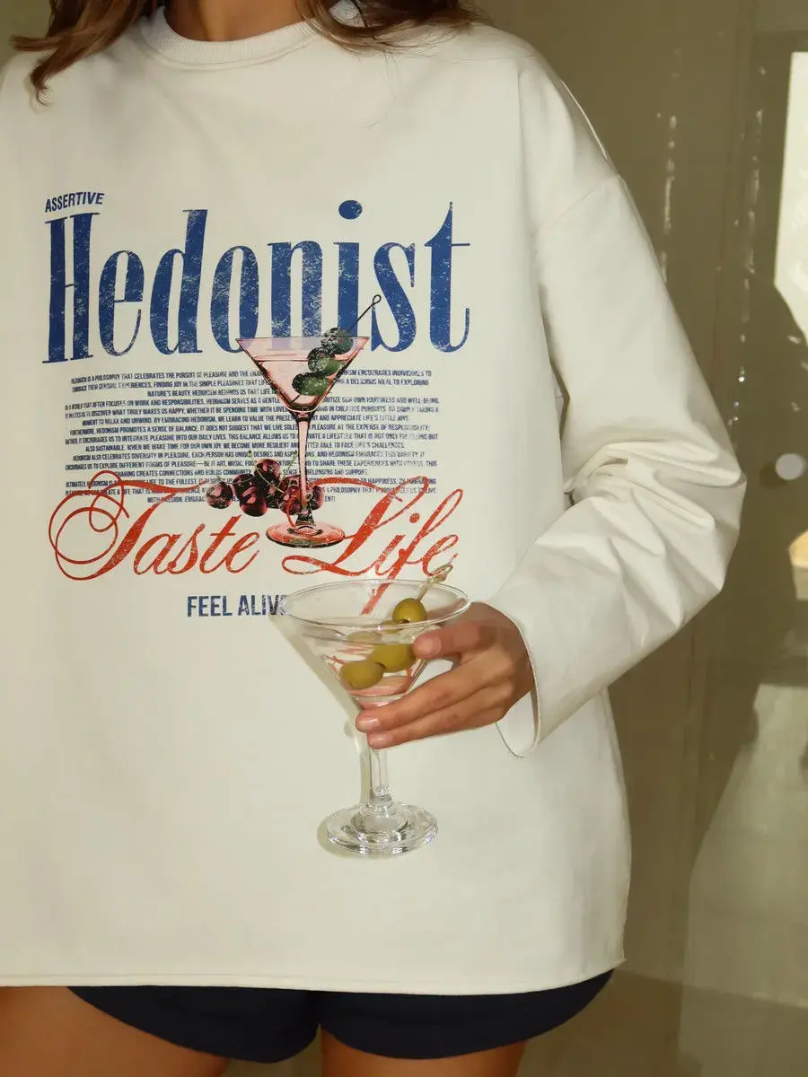 French Women Hedonist Letter Print Aesthetic Sweatshirt T-shirts 100%Cotton Loose Oversize Pullover Spring Autumn Street Fashion