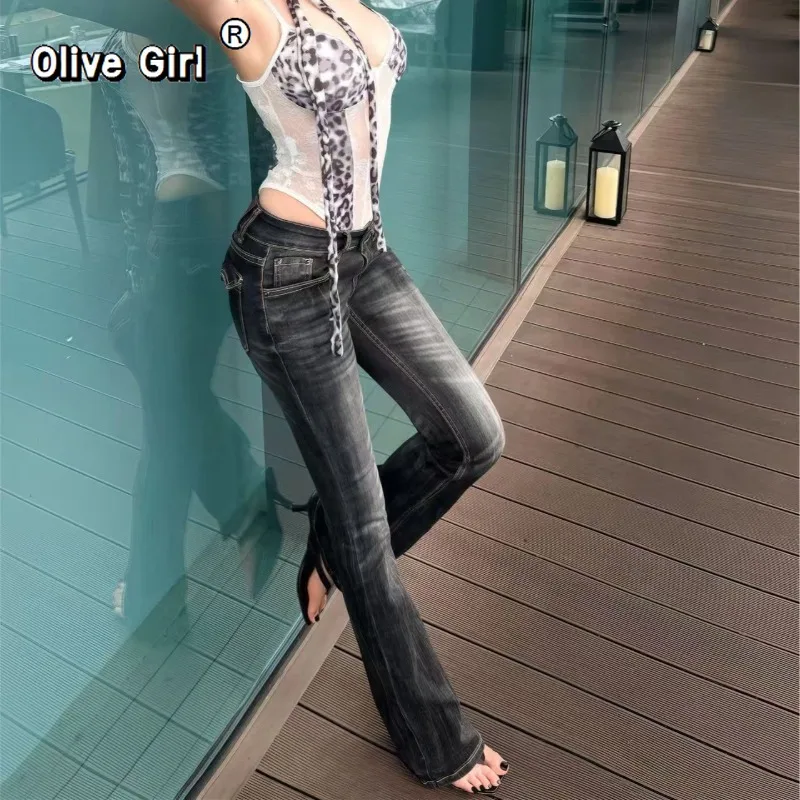 Olivegirl Women's Low Rise Jeans Flared Denim Pants Black American Retro Bootcut Jeans Skinny Y2k Japanese Bell Bottom Jeans