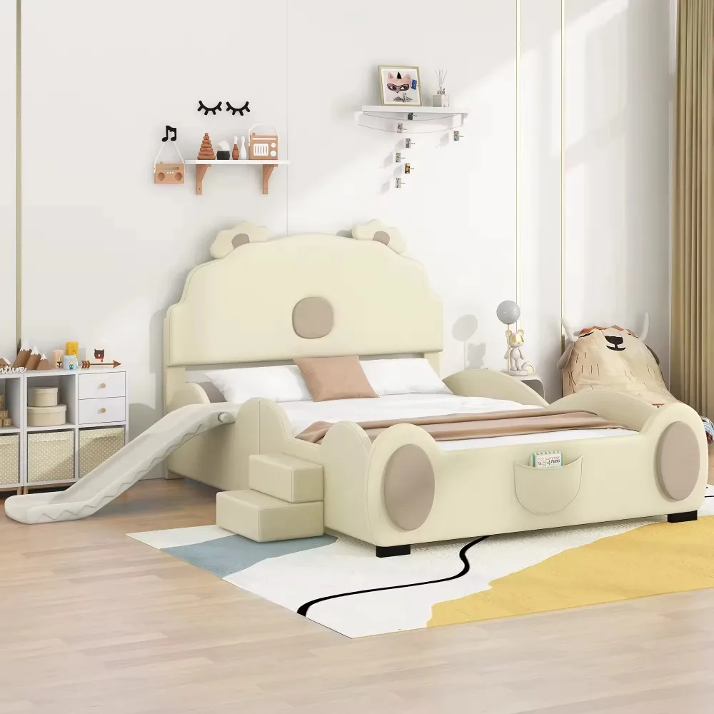 Children's soft mattress with slide and steps - bear ear headboard, safety guardrail, soft PU, children's bedroom child bed